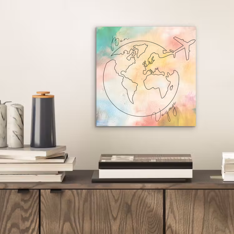 Voyage - Wereldbol - Pastel - Quote aluminium wit klein -sfeer1