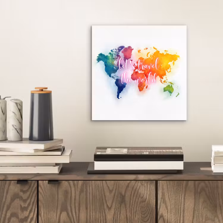 Travel - Quote - Regenboog - Wereldkaart aluminium wit klein -sfeer1