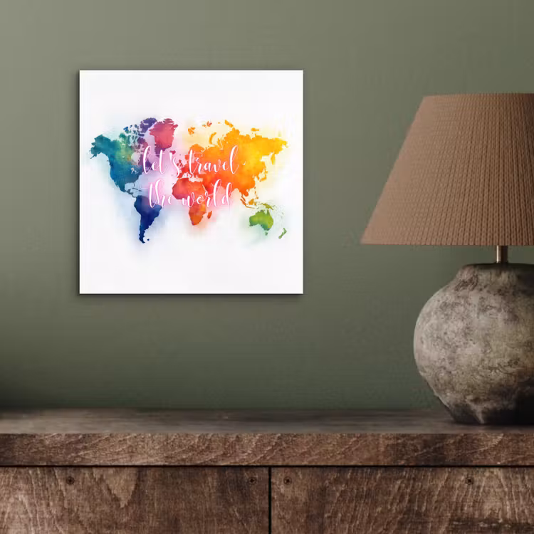 Travel - Quote - Regenboog - Wereldkaart aluminium wit klein -sfeer2