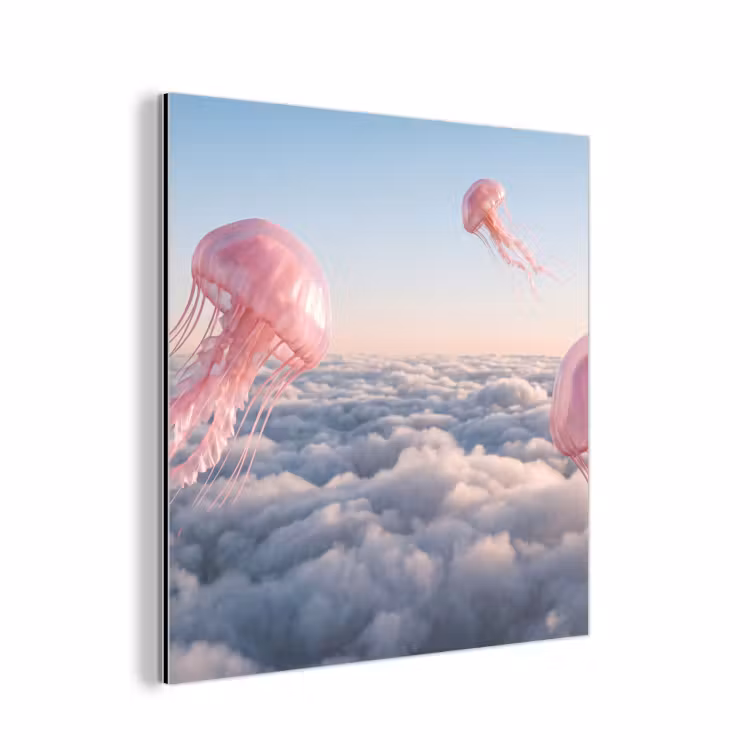 Alu-Dibond-Bild - Rosa Tier – Wolken - Roze dier - Wolken aluminium wit klein