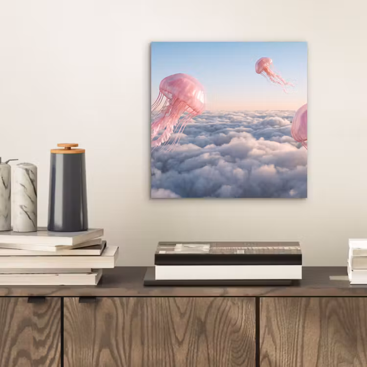 Alu-Dibond-Bild - Rosa Tier – Wolken - Roze dier - Wolken aluminium wit klein