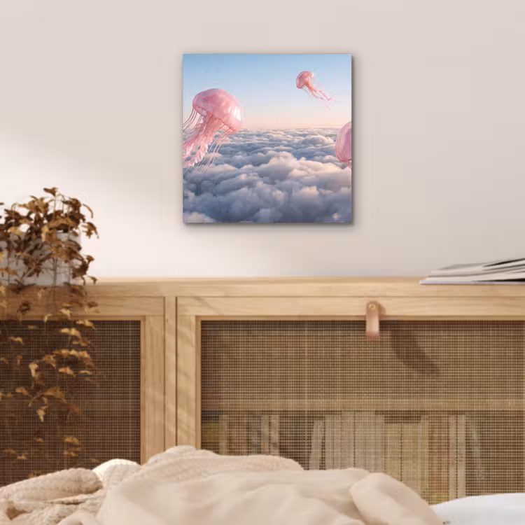 Alu-Dibond-Bild - Rosa Tier – Wolken - Roze dier - Wolken aluminium wit klein