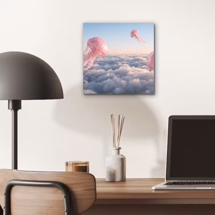 Alu-Dibond-Bild - Rosa Tier – Wolken - Roze dier - Wolken aluminium wit klein