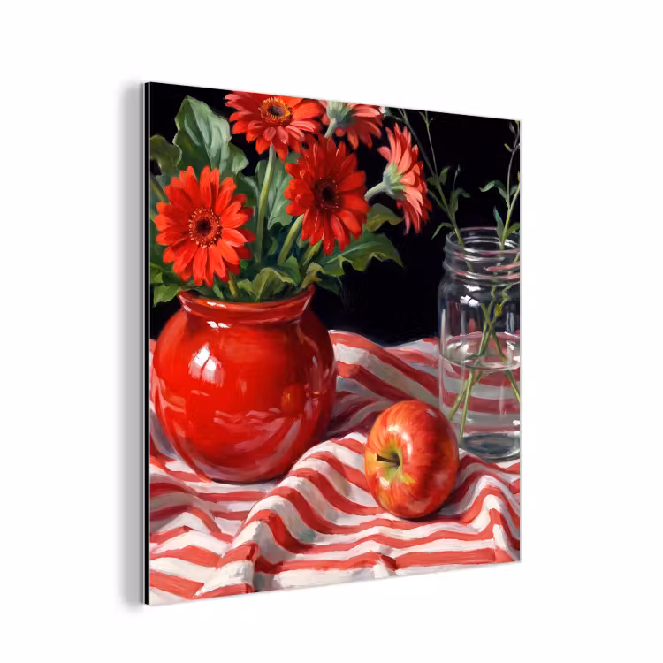 Alu-Dibond-Bild - Rote Blumen – Vase - Rode bloemen - Vaas aluminium wit klein