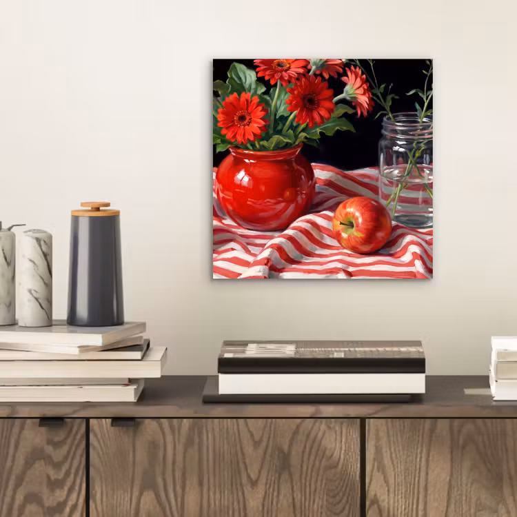 Alu-Dibond-Bild - Rote Blumen – Vase - Rode bloemen - Vaas aluminium wit klein