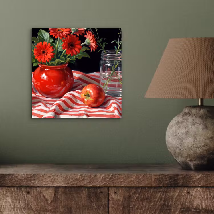 Alu-Dibond-Bild - Rote Blumen – Vase - Rode bloemen - Vaas aluminium wit klein