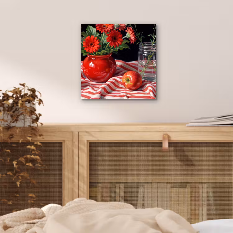 Alu-Dibond-Bild - Rote Blumen – Vase - Rode bloemen - Vaas aluminium wit klein