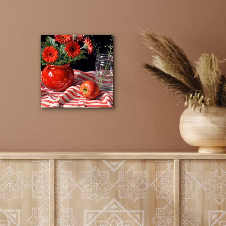 Alu-Dibond-Bild - Rote Blumen – Vase - Rode bloemen - Vaas aluminium wit klein