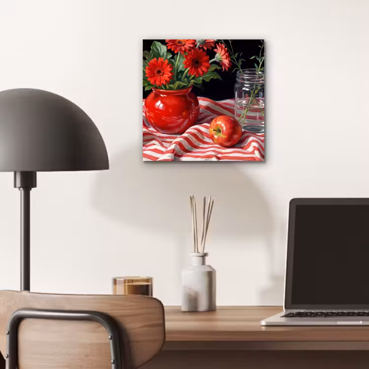 Alu-Dibond-Bild - Rote Blumen – Vase - Rode bloemen - Vaas aluminium wit klein