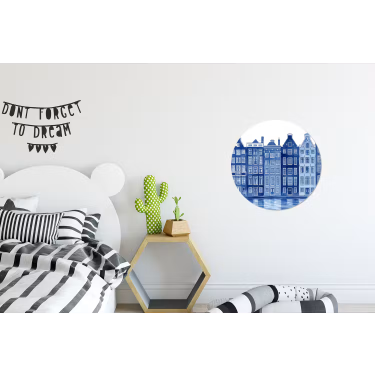 Aquarel - Grachtenpanden - Delfts - Blauw Wandcirkel aluminium klein -kinderkamer