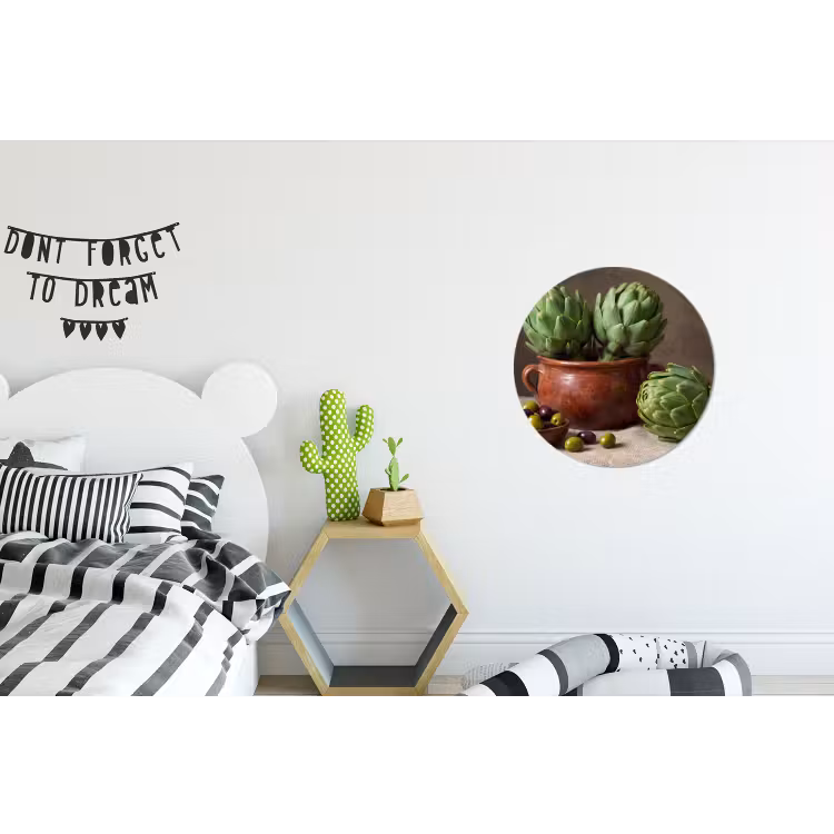 Alu-Dibond-Bild Rund - Artischocken – Oliven – Essen - Artisjokken - Olijven - Eten Wandcirkel aluminium klein