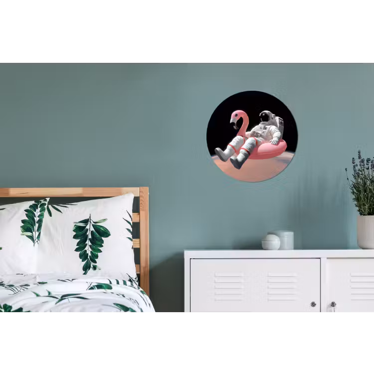 Astronaut - Flamingo - Zwemband - Roze Wandcirkel aluminium klein -slaapkamer