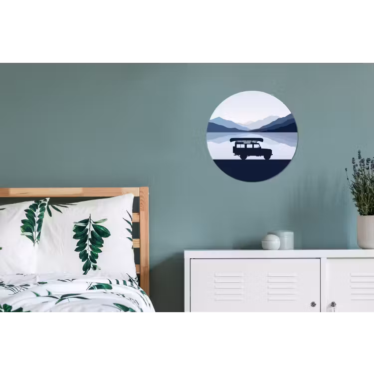 Auto - Meer - Bergen - Blauw Wandcirkel aluminium klein -slaapkamer
