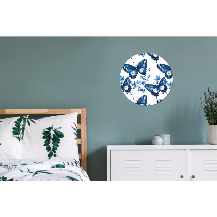 Blauw - Vlinders - Bloemen - Wit Wandcirkel aluminium klein 190 -slaapkamer