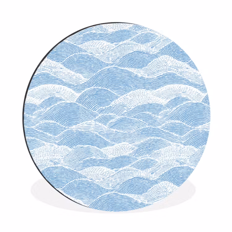 Blauw - Wit - Golven - Getekend Wandcirkel aluminium klein 190 -3d
