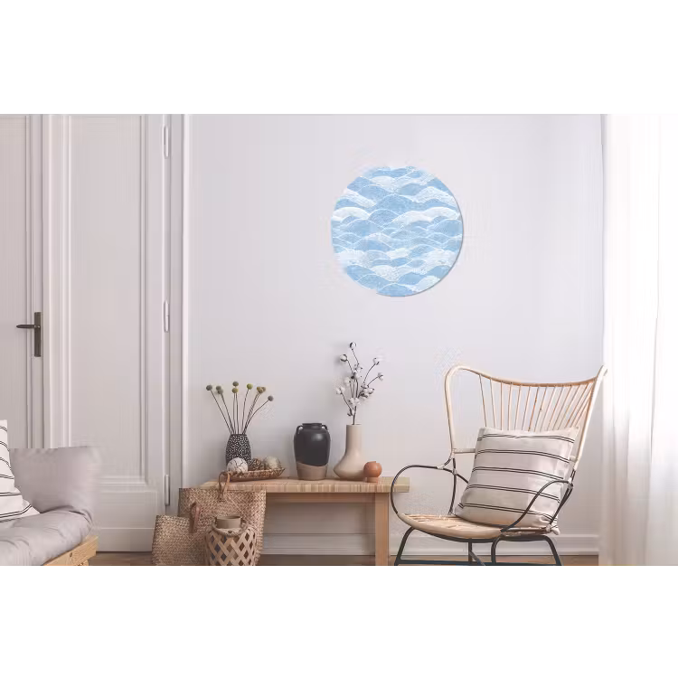 Blauw - Wit - Golven - Getekend Wandcirkel aluminium klein 190 -woonkamer