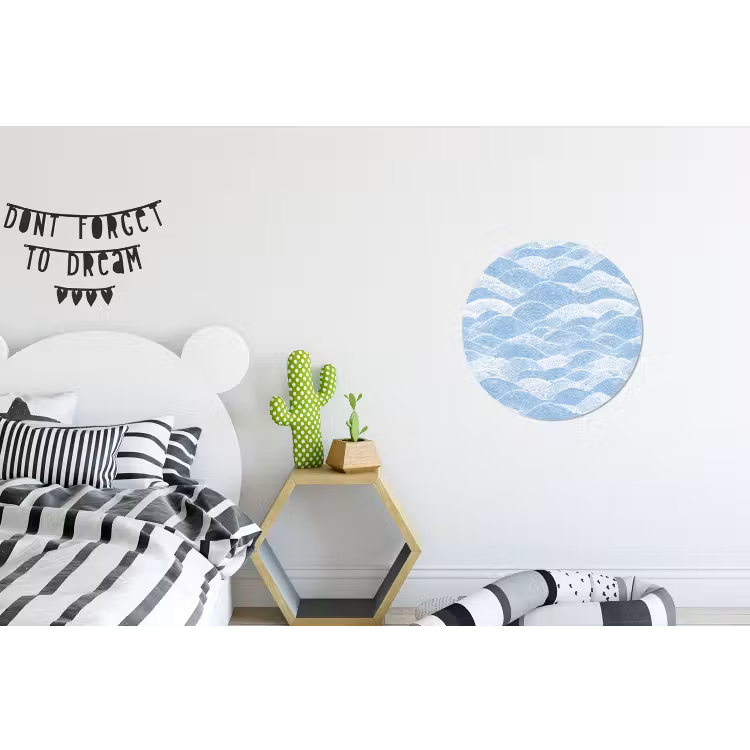 Blauw - Wit - Golven - Getekend Wandcirkel aluminium klein 190 -kinderkamer