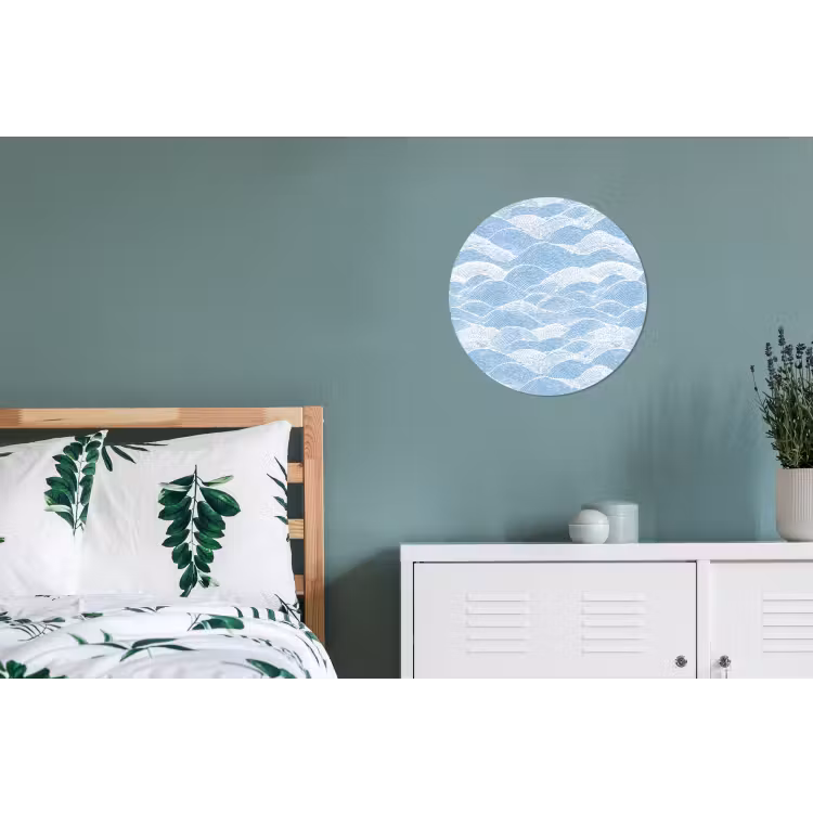 Blauw - Wit - Golven - Getekend Wandcirkel aluminium klein 190 -slaapkamer
