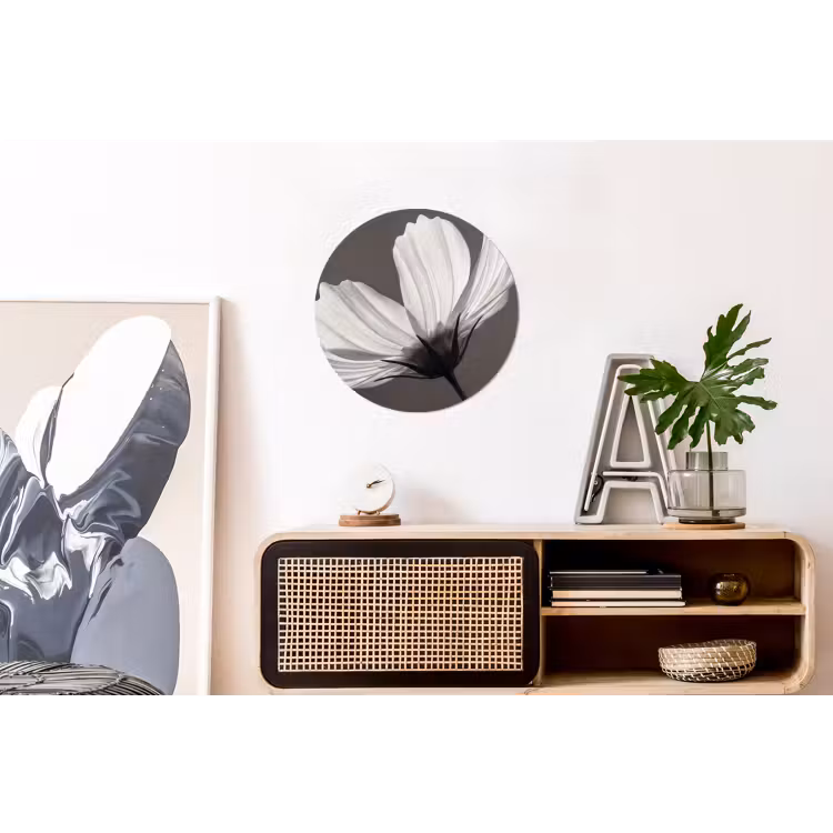 Bloem - Minimalistisch - Zwart - Wit Wandcirkel aluminium klein -kantoor