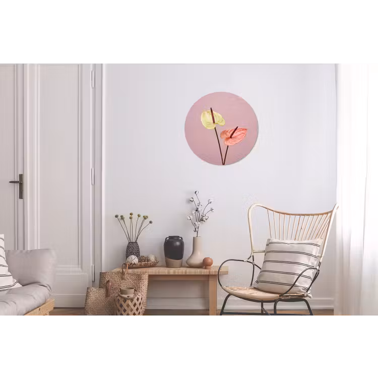 Bloemen - Anthuriums - Geel - Roze Wandcirkel aluminium klein -woonkamer