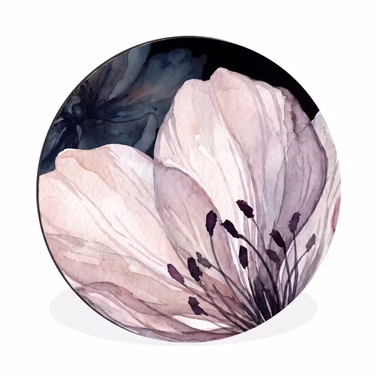 Bloemen - Aquarel - Modern - Roze - Donker Wandcirkel aluminium klein -3d