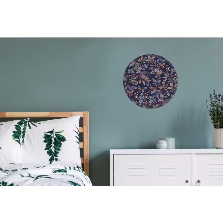 Bloemen - Bladeren - Patroon - Botanisch - Donkerblauw Wandcirkel aluminium klein -slaapkamer
