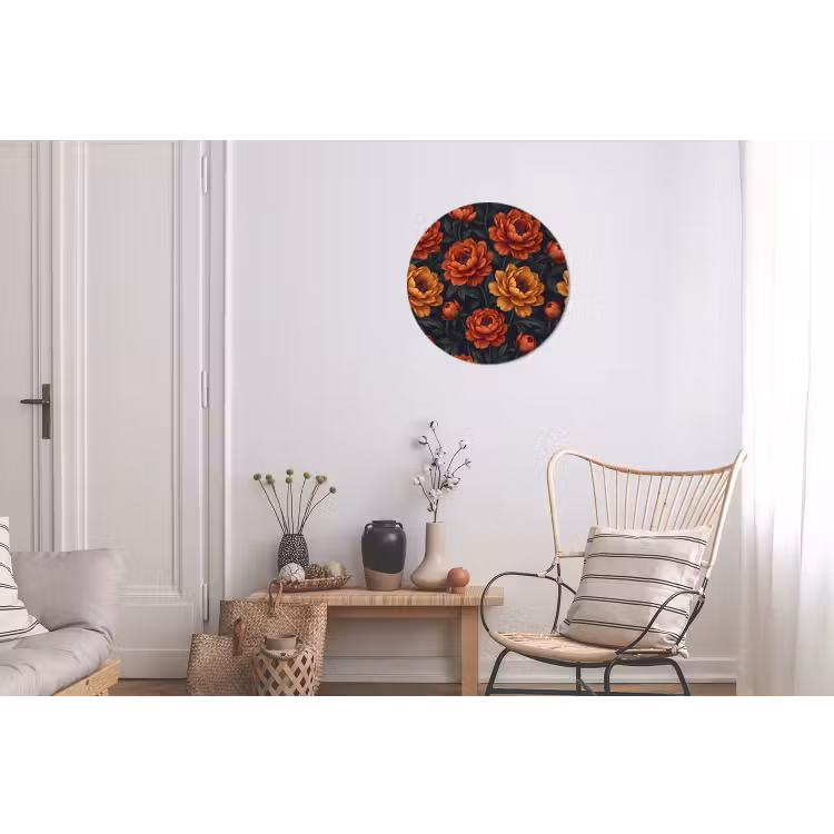 Bloemen - Bladeren - Natuur - Modern - Oranje Wandcirkel aluminium klein -woonkamer