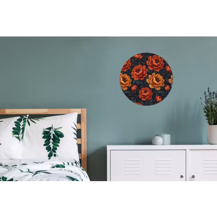 Bloemen - Bladeren - Natuur - Modern - Oranje Wandcirkel aluminium klein -slaapkamer