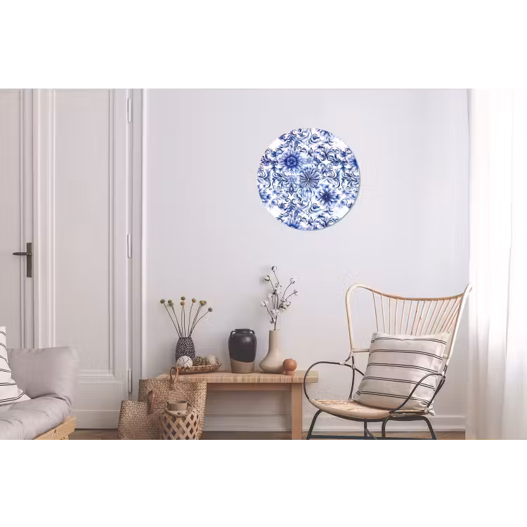 Bloemen - Blauw - Patroon - Wit Wandcirkel aluminium klein 190 -woonkamer