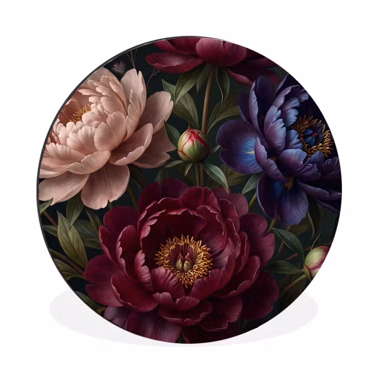 Bloemen - Boeket - Natuur - Modern - Donker Wandcirkel aluminium klein -3d