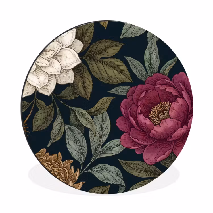Bloemen - Botanisch - Illustratie - Donker - Vintage Wandcirkel aluminium klein -3d