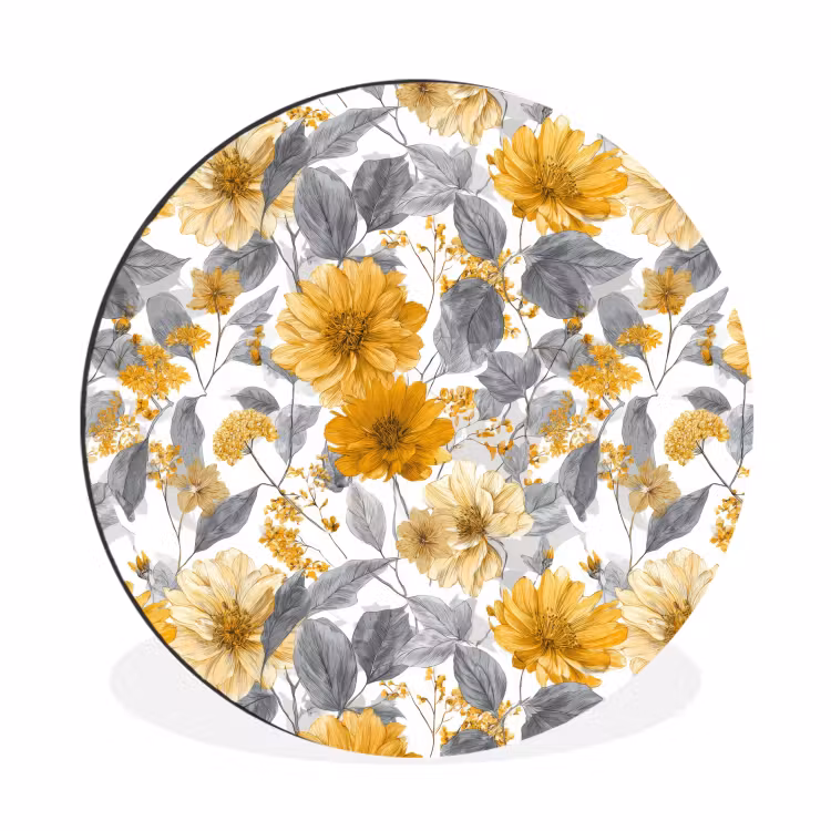 Bloemen - Botanisch - Elegant - Okergeel - Grijs Wandcirkel aluminium klein 190 -3d