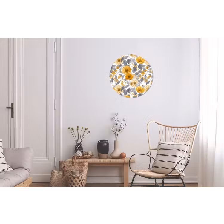 Bloemen - Botanisch - Elegant - Okergeel - Grijs Wandcirkel aluminium klein 190 -woonkamer
