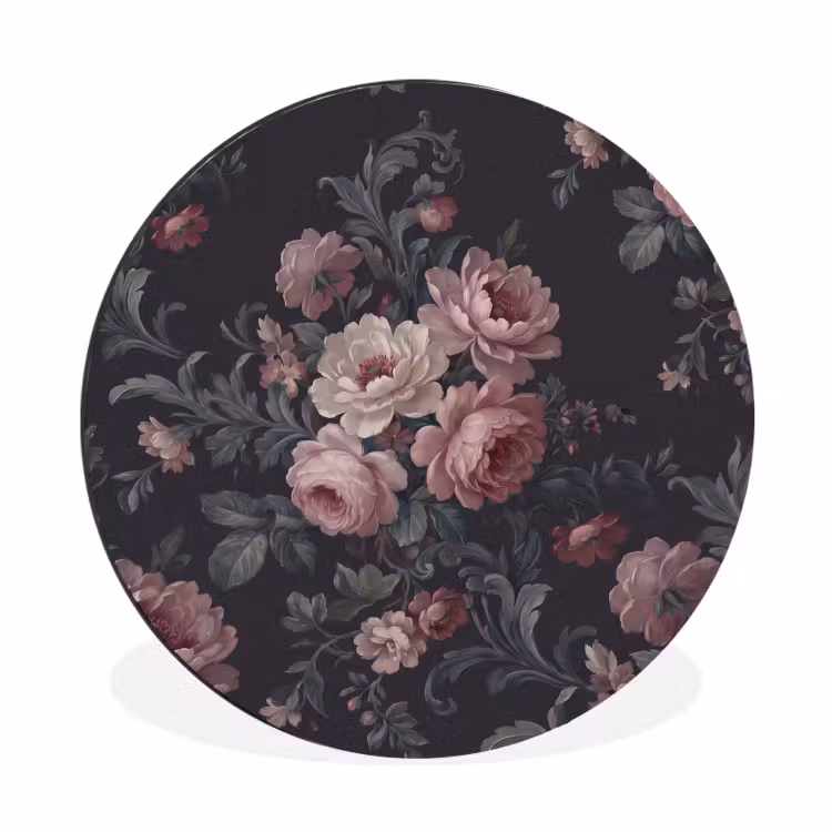 Bloemen - Patroon - Sierlijk - Roze - Donker Wandcirkel aluminium klein -3d
