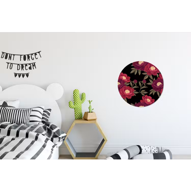 Bloemen - Patroon - Botanisch - Rood - Zwart Wandcirkel aluminium klein -kinderkamer