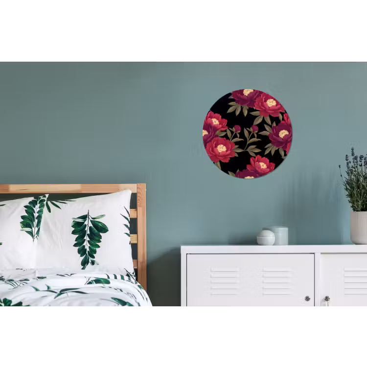 Bloemen - Patroon - Botanisch - Rood - Zwart Wandcirkel aluminium klein -slaapkamer