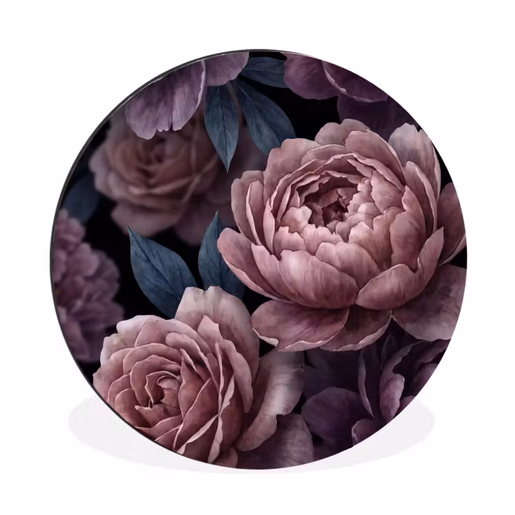 Bloemen - Patroon - Donker - Botanisch - Paars Wandcirkel aluminium klein -3d