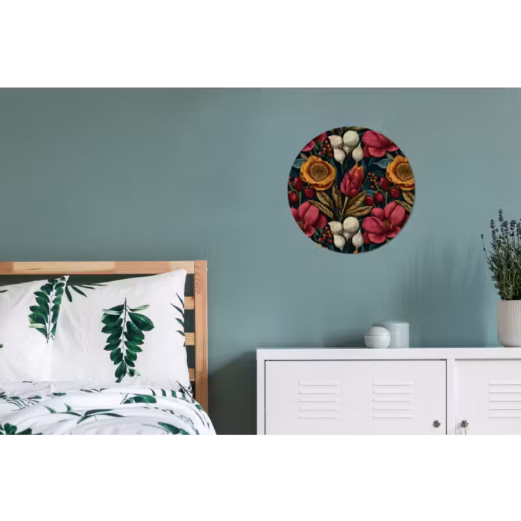 Bloemen - Patroon - Rood - Goud Wandcirkel aluminium klein 190 -slaapkamer