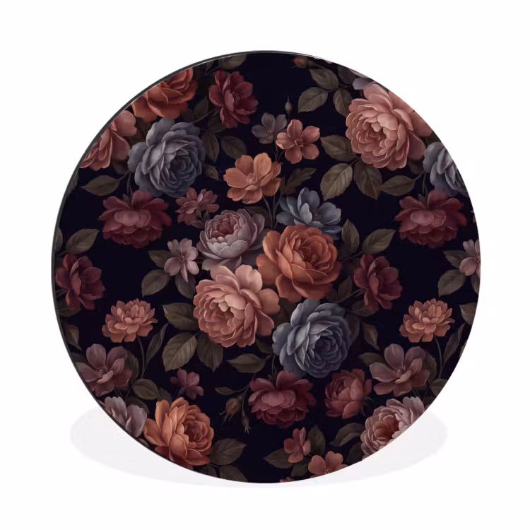 Bloemen - Patroon - Vintage - Donker - Roze Wandcirkel aluminium klein -3d