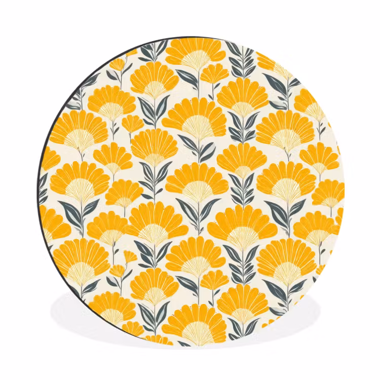 Bloemen - Retro - Botanisch - Okergeel - Grijs Wandcirkel aluminium klein 190 -3d
