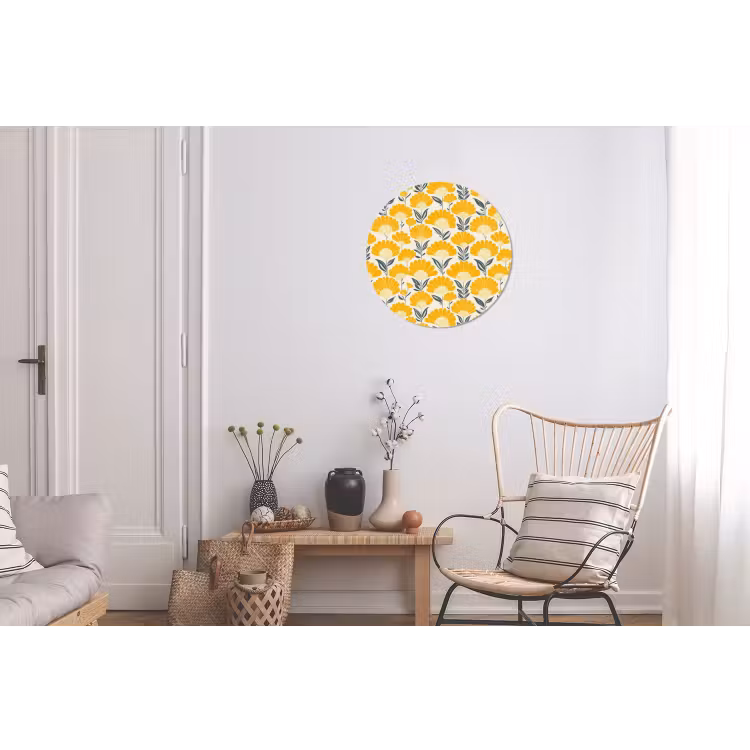 Bloemen - Retro - Botanisch - Okergeel - Grijs Wandcirkel aluminium klein 190 -woonkamer