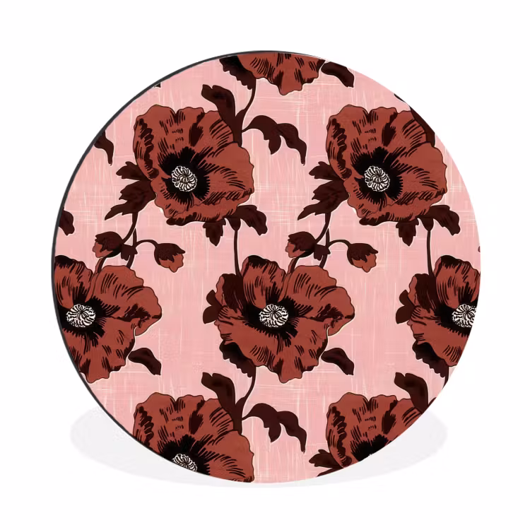 Bloemen - Retro - Rood Wandcirkel aluminium klein 190 -3d
