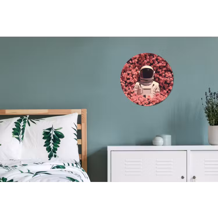 Bloemen - Roze - Astronaut Wandcirkel aluminium klein -slaapkamer