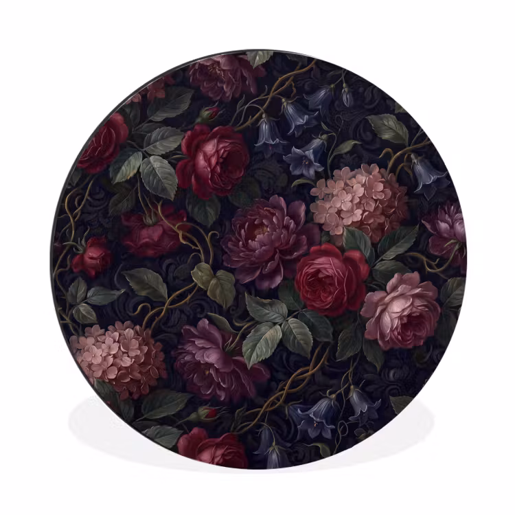 Bloemen - Rood - Klassiek - Donker - Patroon Wandcirkel aluminium klein -3d