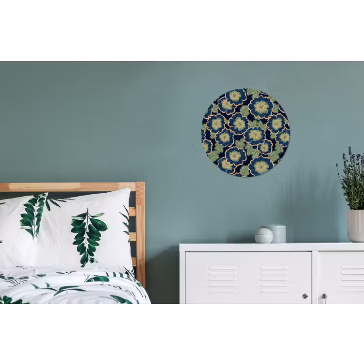 Bloemen - Borduurwerk - Patroon - Blauw - Groen Wandcirkel aluminium klein 190 -slaapkamer