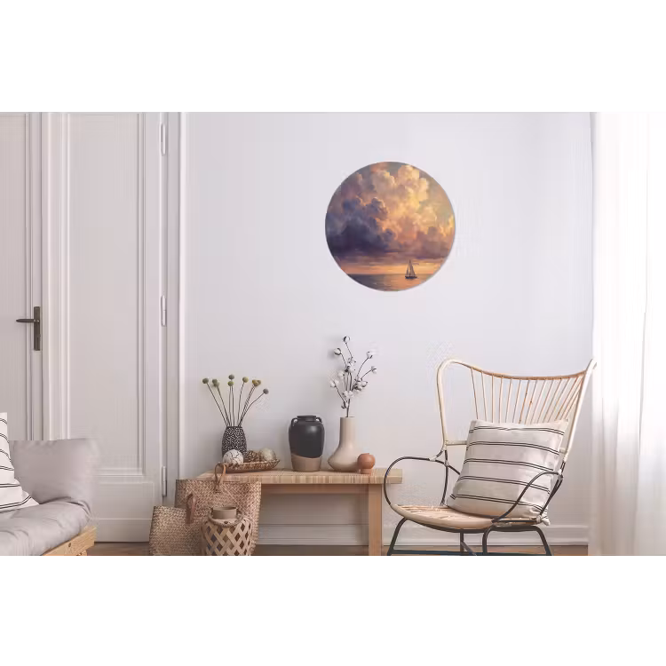 Boot - Zonsondergang - Zee - Natuur - Goud Wandcirkel aluminium klein -woonkamer