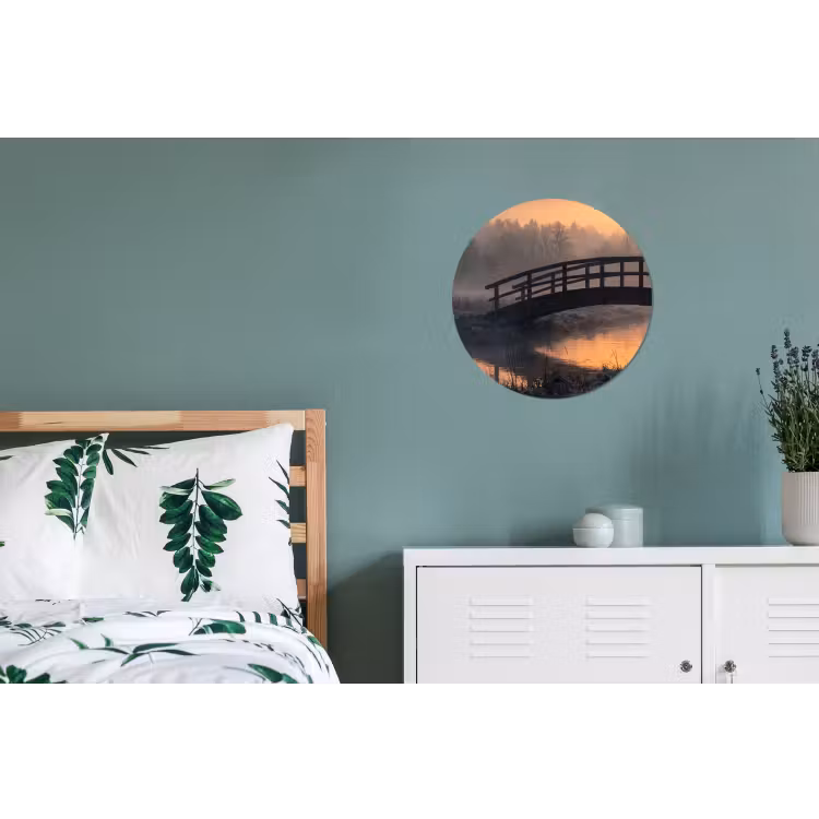 Brug - Mist - Bomen - Water Wandcirkel aluminium klein -slaapkamer