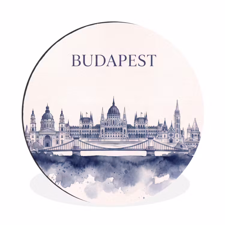 Boedapest - Skyline - Architectuur - Aquarel - Blauw Wandcirkel aluminium klein -3d