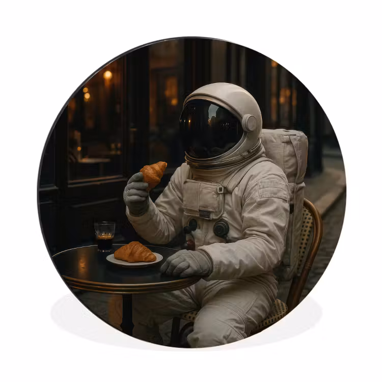 Café - Croissant - Koffie - Astronaut Wandcirkel aluminium klein -3d