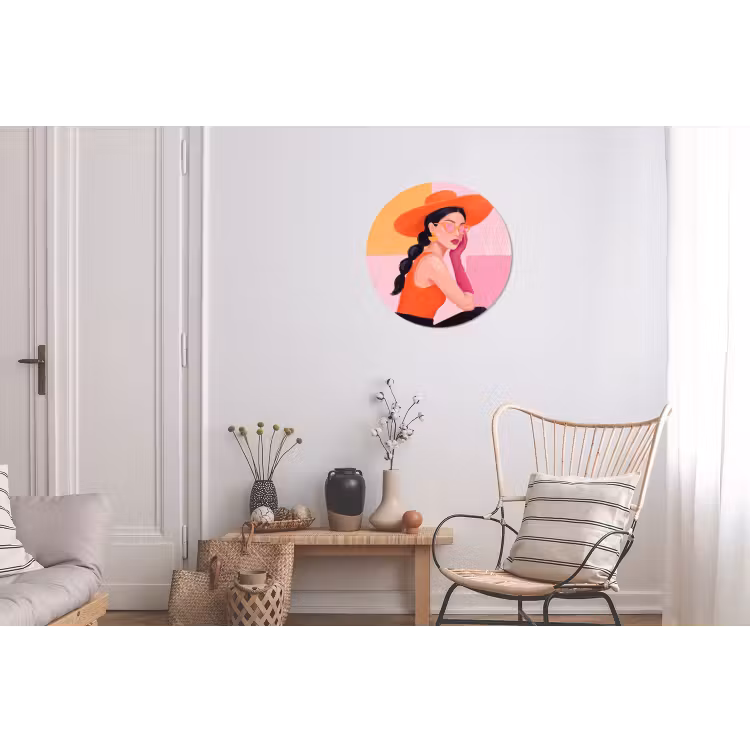 Vrouw - Hoed - Mode - Modern - Oranje Wandcirkel aluminium klein -woonkamer